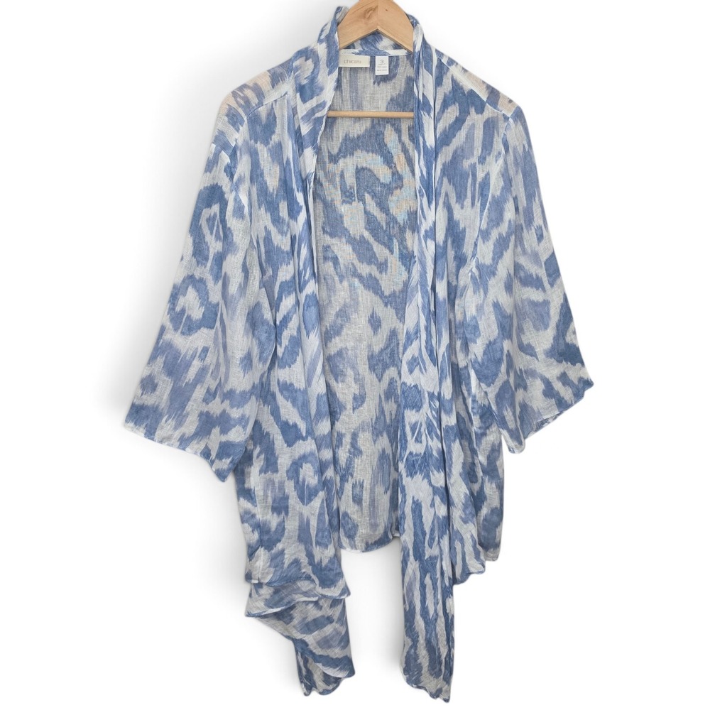 Chicos Linen Cardigan Womens 3 XL 16/18 Blue White Ikat Kimono Open Front Duster